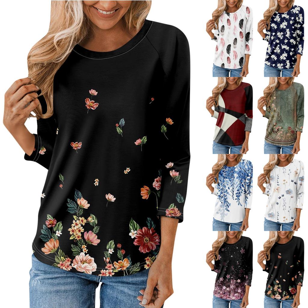 Женская модная повседневная рубашка с круглым вырезом и рукавами 3/4, свободная футболка с принтом, женский топ