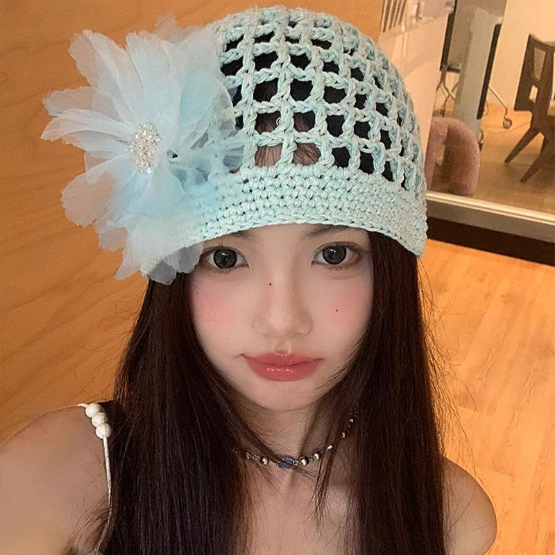 Women's Spring and Summer Korean Style Thin Hollow Breathable Sunshade Handmade Knitted Hat Sweet Wool Linen Fishnet Hat