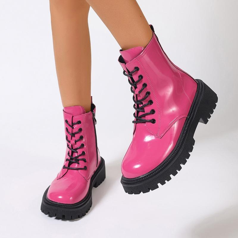 2024 Lace Up Pink Ankle Boots Woman Patent Leather Platform Motorcycle Boots Woman Thick Heels Zipper Short Booties