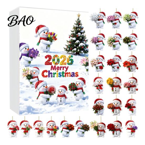 Holiday Gift Ideas Snowman Advent Calendar, 24Pcs Acrylic 2D Hanging Ornament Set Christmas Scene Decoration with Bouquet Flowers, Tree Decor,