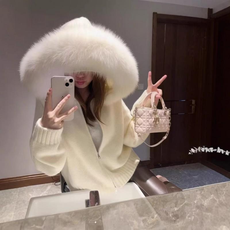 Womens Oversized Knit Cardigan With Hood Faux Fur Trim Long Sleeve Winter Casual Sweater Jacket