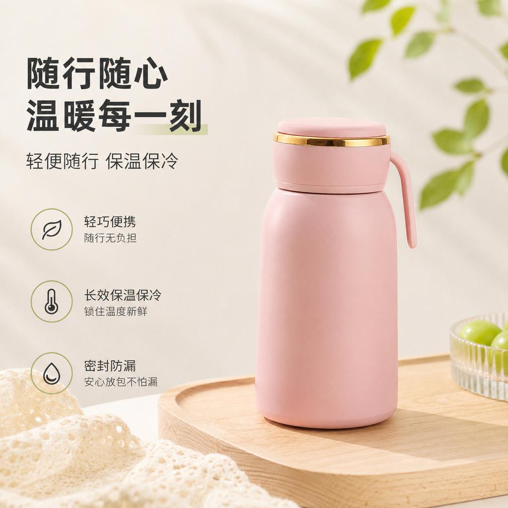 Gift Pocket Thermos Cup Portable Home Ladies Office Water Cup with Handle Fashion Double Layer Stainless Steel Cup