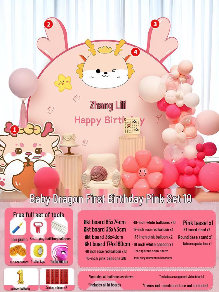 Воздушные шары с драконами и фон из КТ-картона для празднования первого дня рождения девочки