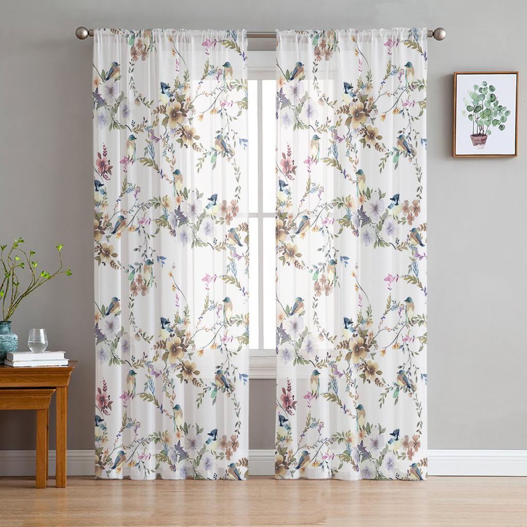 Plants Flowers Watercolor Birds Sheer Curtains for Living Room Decoration Window Curtains Kitchen Tulle Voile Organza Curtains