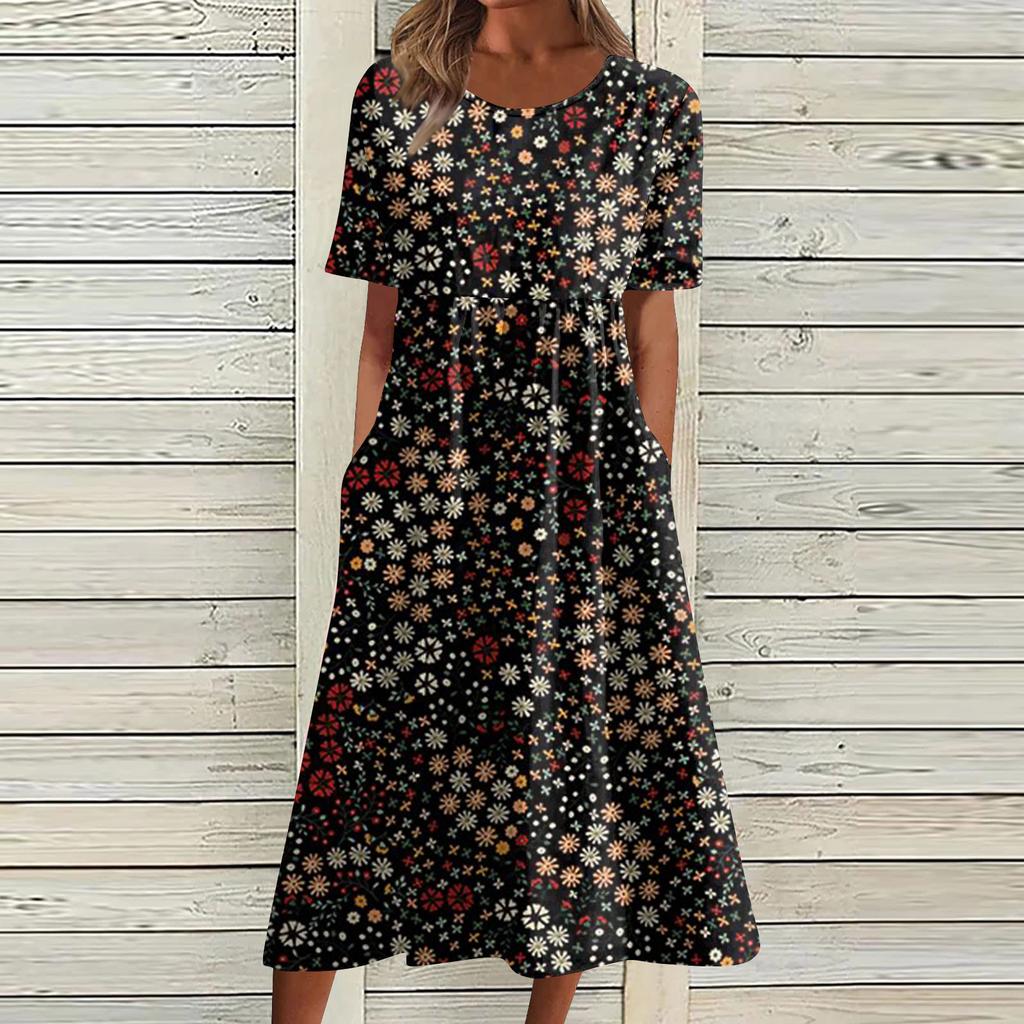 Жен. Повседневные платья Платья с принтами Летние платья С принтами Плиссированные платья-миди с круглым вырезом Классический Классический На открытом воздухе Повседневные С короткими рукавами Свободные платья