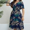 Summer Spring Large Size V-neck Range Waist Slimming Short Sleeve Dress Woman