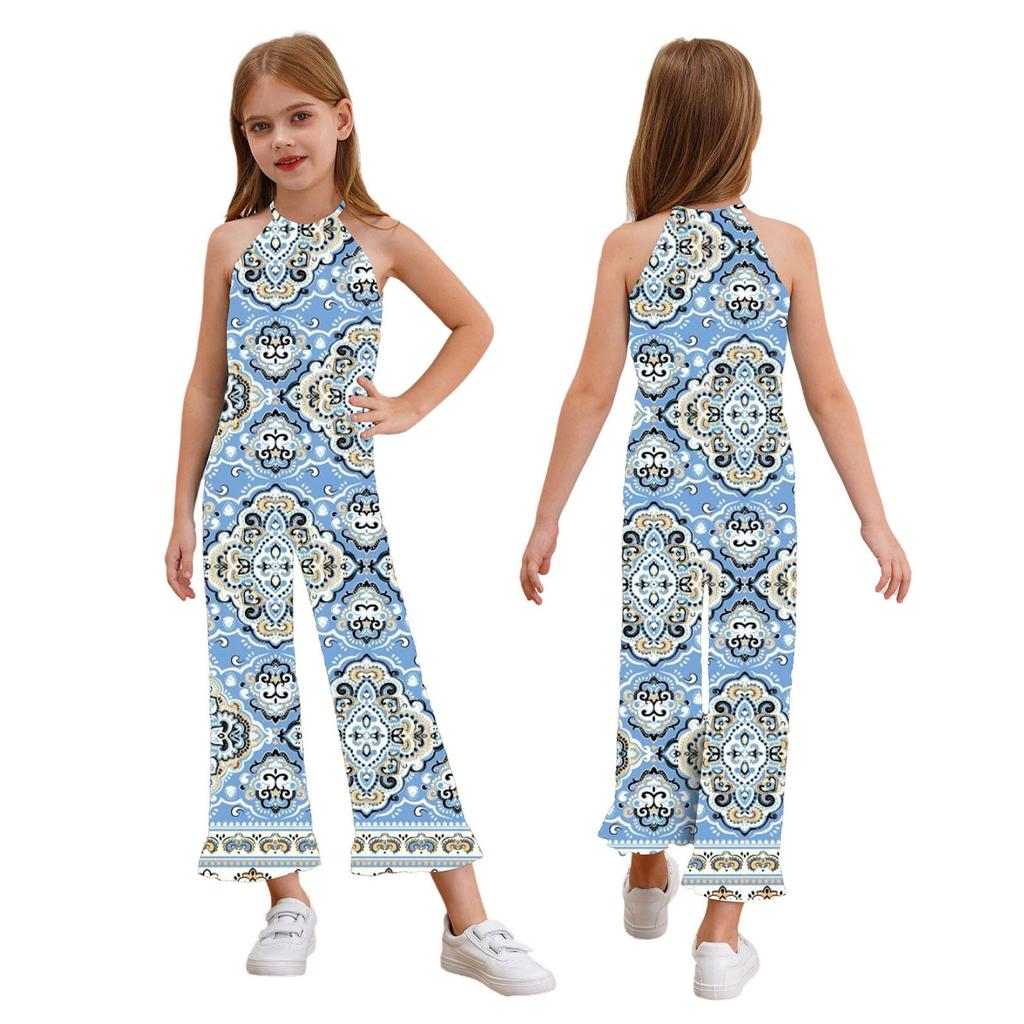 Детский комбинезон без рукавов с цветочным принтом и широкими штанинами для девочек, цельный комбинезон в стиле бохо с поясом, летний сарафан, комбинезон