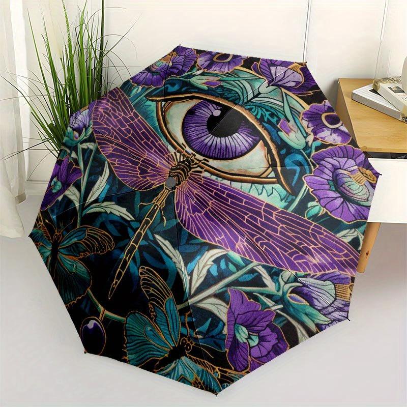 Enchanted Garden: Dragonfly & Eye Tapestry Umbrella, Cute Umbrella with Cute Design, Portable 3-Fold Compact Umbrella for Men & Women, Valentine's Day