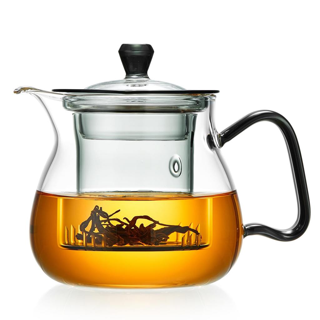 Pokaro Tea Heat-Resistant Glass Teapot, 570ml, with Strainer and Lid, Green Handle and Knob, Stylish Glass Teapot for Black Tea and Herbal Tea,