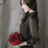 Women's Black Stand Collar Chiffon Blouse - Slimming, See-through, Long Sleeve, Spring/Summer 2025, Sexy Korean OL Style.
