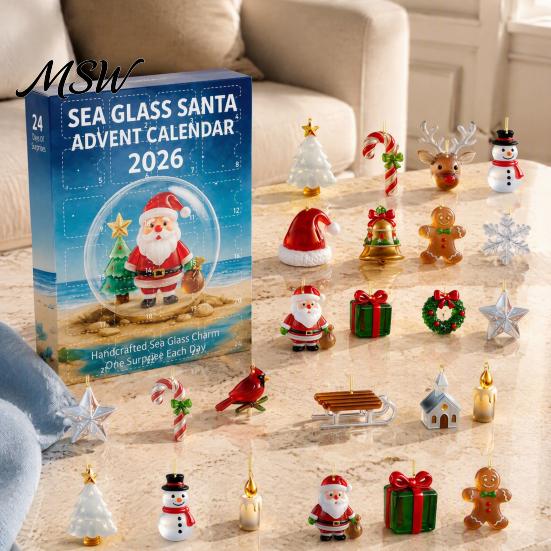 Christmas Gift for Friends Sea Glass Advent Calendar, 24-Day Acrylic 2D Ornament Set Tree Hanging Pendants with Santa Gingerbread Man, Decor, Holiday