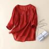 Summer Buttons Short Sleeve Embroidered Blouse Casual Women Tops Retro Loose Fit Cotton Linen Blouses