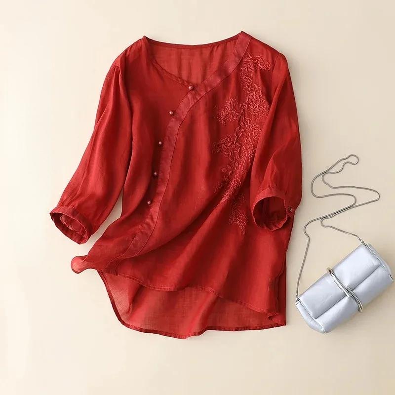 Summer Buttons Short Sleeve Embroidered Blouse Casual Women Tops Retro Loose Fit Cotton Linen Blouses