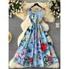 High-End Ladies Small Dress Women's French Entry Lux Temperament Square Collar Sleeveless Waist Stylish Print Vest Dress