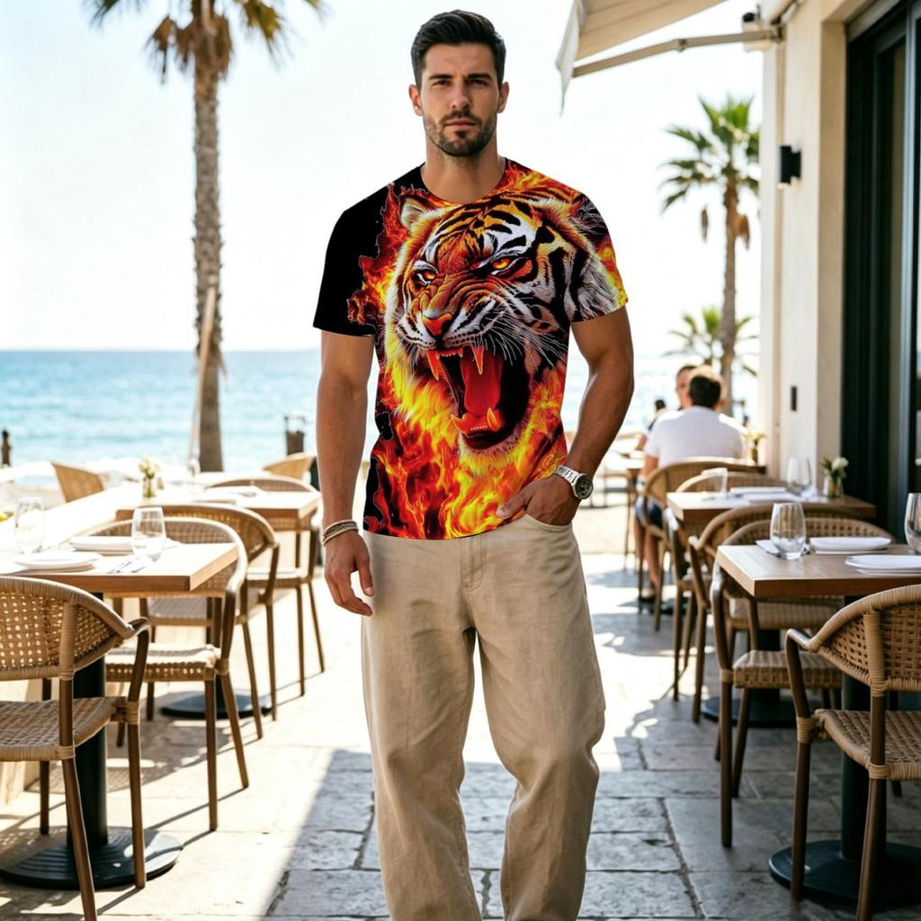 Men All‑Over Print Back Graphic Fire Roaring Tiger Crew Neck T‑Shirt, Wild Animal Flame Short Sleeve Tee