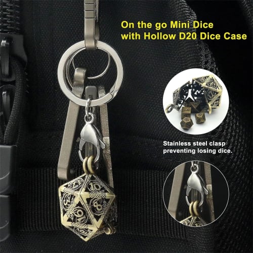 Polyhedral Dice Set, Metal D&D Dice Set, Bronze Hollow D20 Dice Set with Necklace Dice Case, Antique Tiny Metal Dice Set for D&D Portable Roleplaying