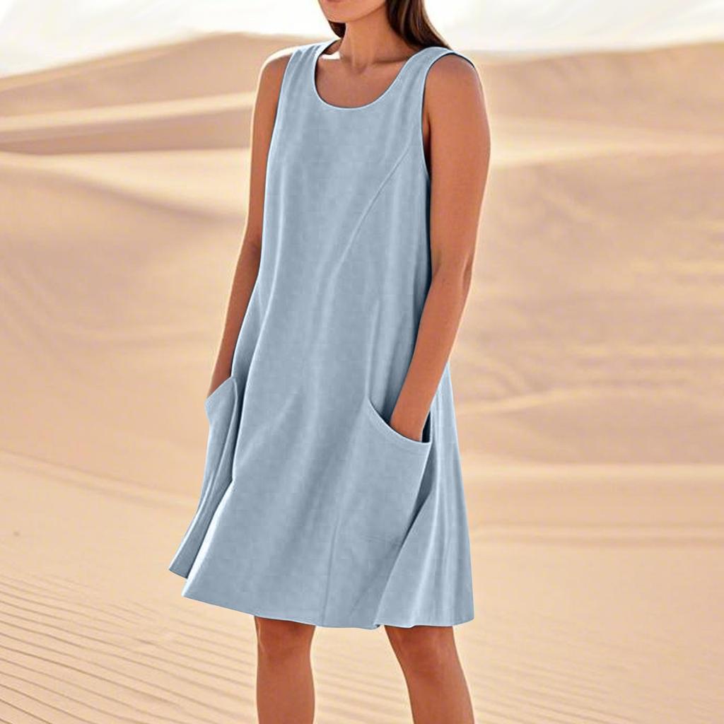 Летние платья для женщин, свободные пляжные повседневные сарафаны без рукавов с карманами, платье-майка