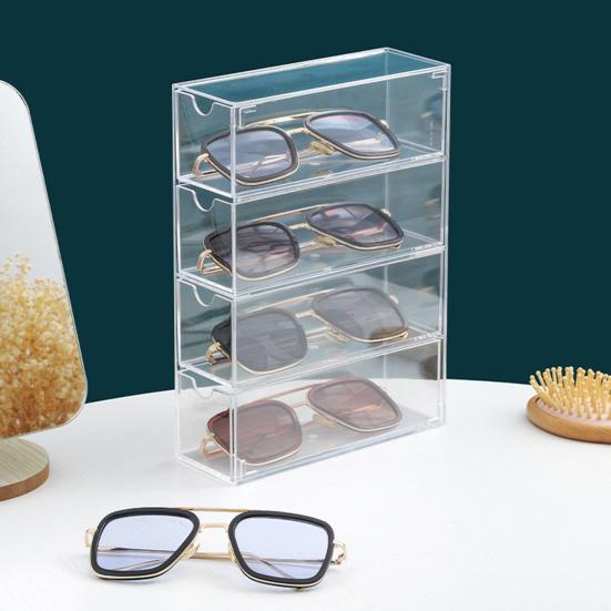 4Pcs Eyeglass Case Storage Organizer Large Capacity Dustproof Transparent Stackable Sunglass Glasses Storage Box with Lid