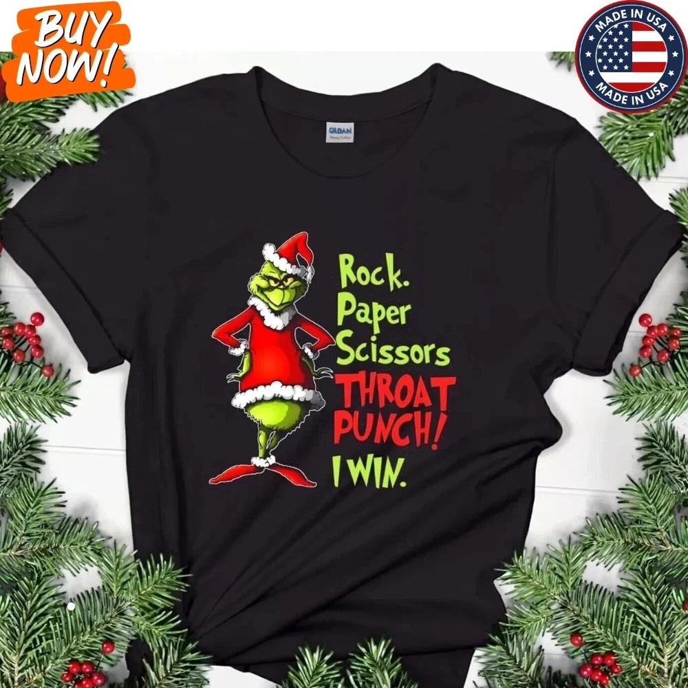 Sale Grinch Rock Paper Scissors Throat Punch I Win Christmas Shirt Size S-5XL