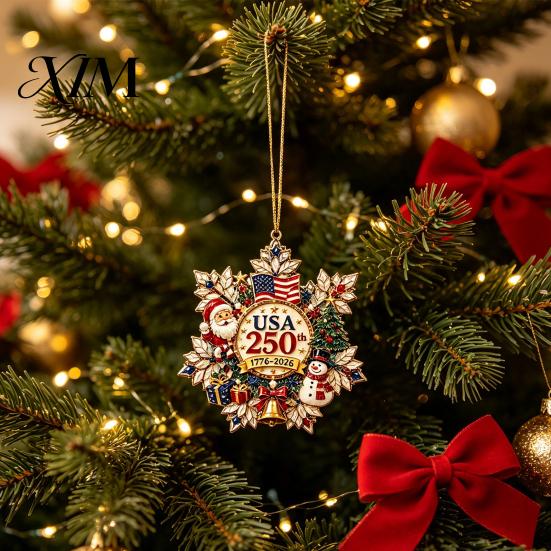 Decorative Fence Branch Accents Christmas Acrylic Hanging Ornament, Double Side Printed 250th Anniversary Pendant Personalized Festive Wall for Tree,