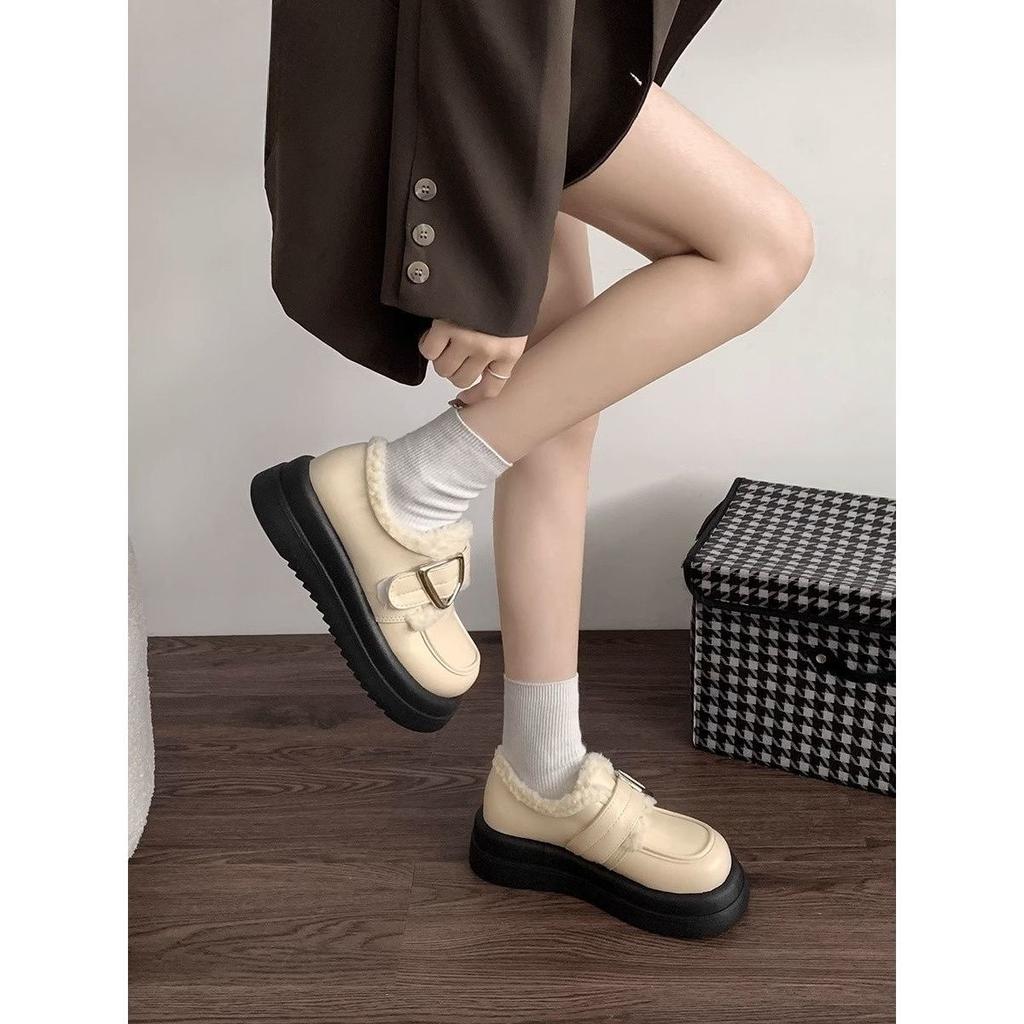 British Style Black Velvet Retro Small Leather Shoes Women's 2025 New Autumn and Winter Platform Heightening Loafers Ins Tide