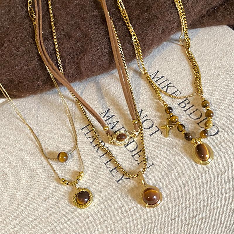 New Double-Layer Brown Stone Pendant Necklace for Women Girls Charm Aesthetic Vintage Tiger Eye Stone Beads Y2K Jewelry Gifts