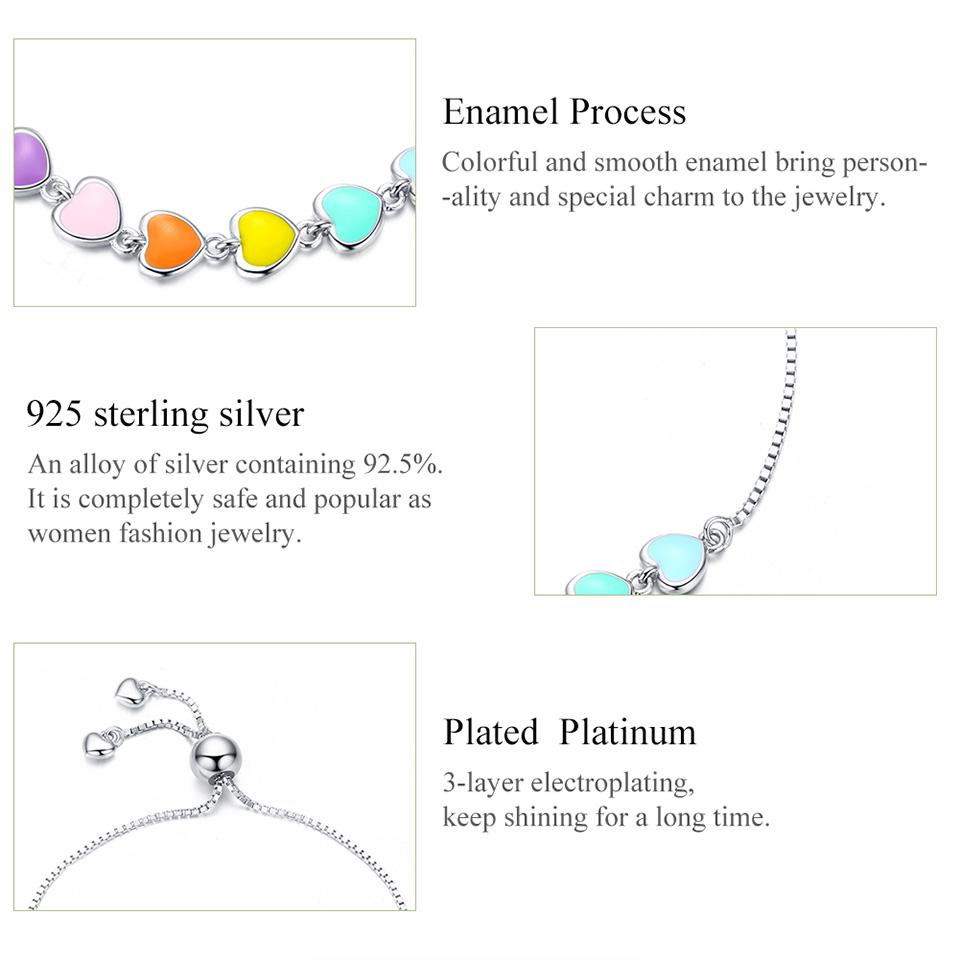 BAMOER Classic 925 Sterling Silver & Platinum Plated Rainbow Heart Adjustable Chain Bracelets