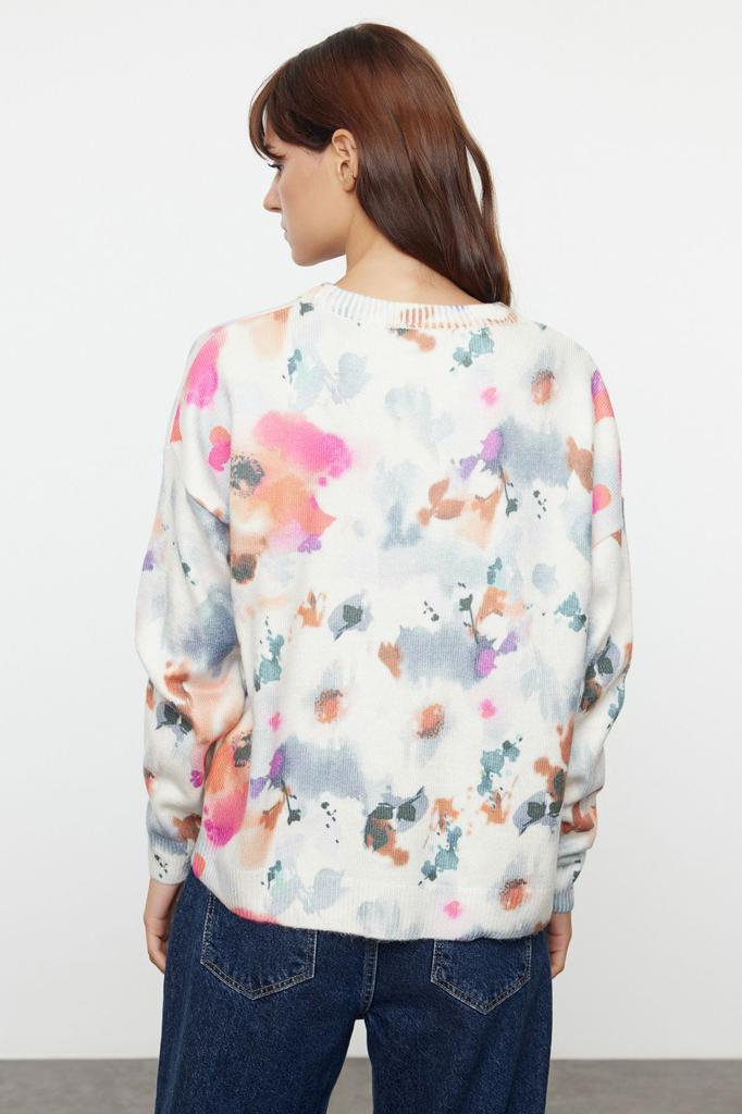 Women's Elegance Style Sweater Ecru Soft Textured Floral Printed Knitwear Sweater