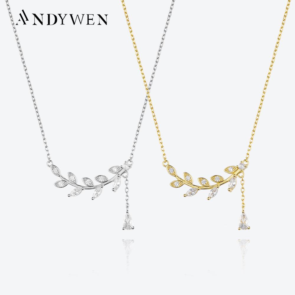 ANDYWEN Ожерелье с подвеской из стерлингового серебра 925 пробы с золотыми листьями и цирконием, длинная цепочка для женщин, 2023, роскошные ювелирные изделия с кристаллами