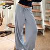 Women Casual Pants Straight Wide Leg Striped Print Long Trousers Adjustable Waist Strap Loose Fit Lounge Pants