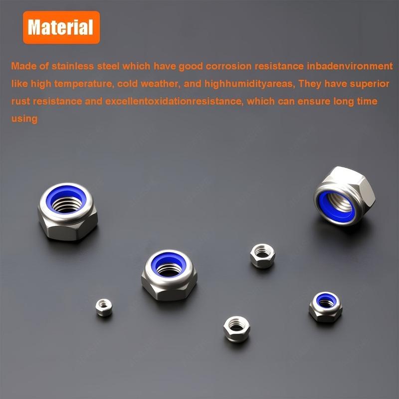 220 Pieces of Stainless Steel Nylon Embedded Anti-Slip and Anti-Loosening Self-Locking Nuts, M3 M4 M5 M6 M8 M10 M12