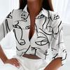 Women Summer Shirt Lapel Long Sleeve Shirt Geometric Pattern Slim Fit Tops Single Breasted Shirt Streetwear