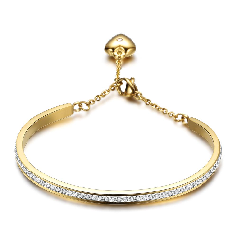 Gold-Color Cuff Bangle for Women One Row Crystal Stainless Steel Bracelet Bangle Jewelry Adjustable Chain
