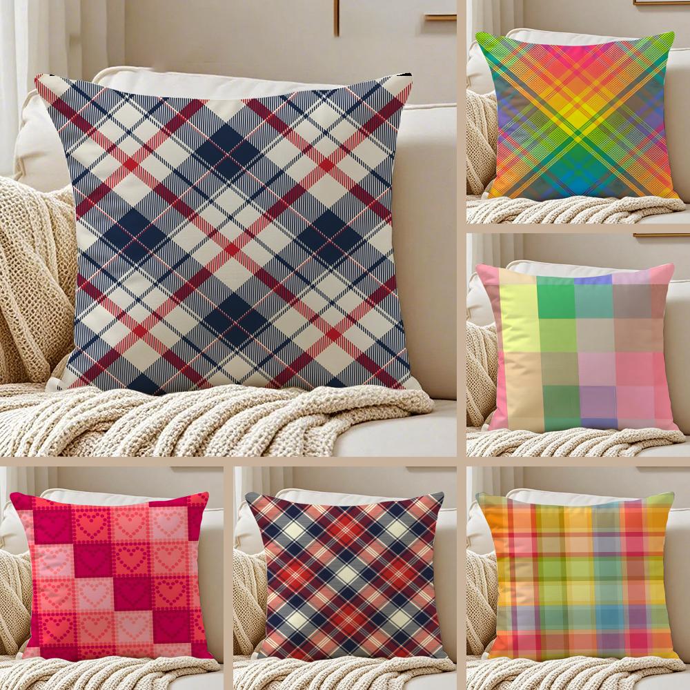 CCheckered pattern Cushion Cover Pillowcase Antidustmite Invisible Zipper Short Plush Sofa Cushion