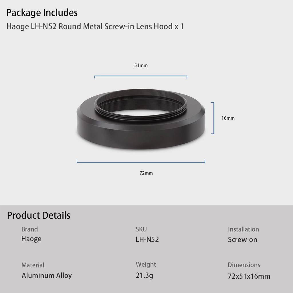 Металлическая бленда Haoge для Nikon NIKKOR Z 40 мм Z 28 мм Z 28 мм, совместимая с УФ-фильтром 52 мм и крышкой объектива 52 мм f/2, f/2.8, f/2.8 (SE) Линзы, навинчивающиеся