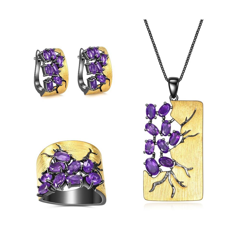 Italian Abstract Original Designer Jewelry Accessories 925 Silver Gold-plated Inlaid with Colored Gemstones Natural Amethyst Earrings