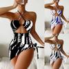 Digital Printed Women's Sexy One Piece Neck Hanging Triangle Mesh Three Piece Set with Hollow Out Swimsuit