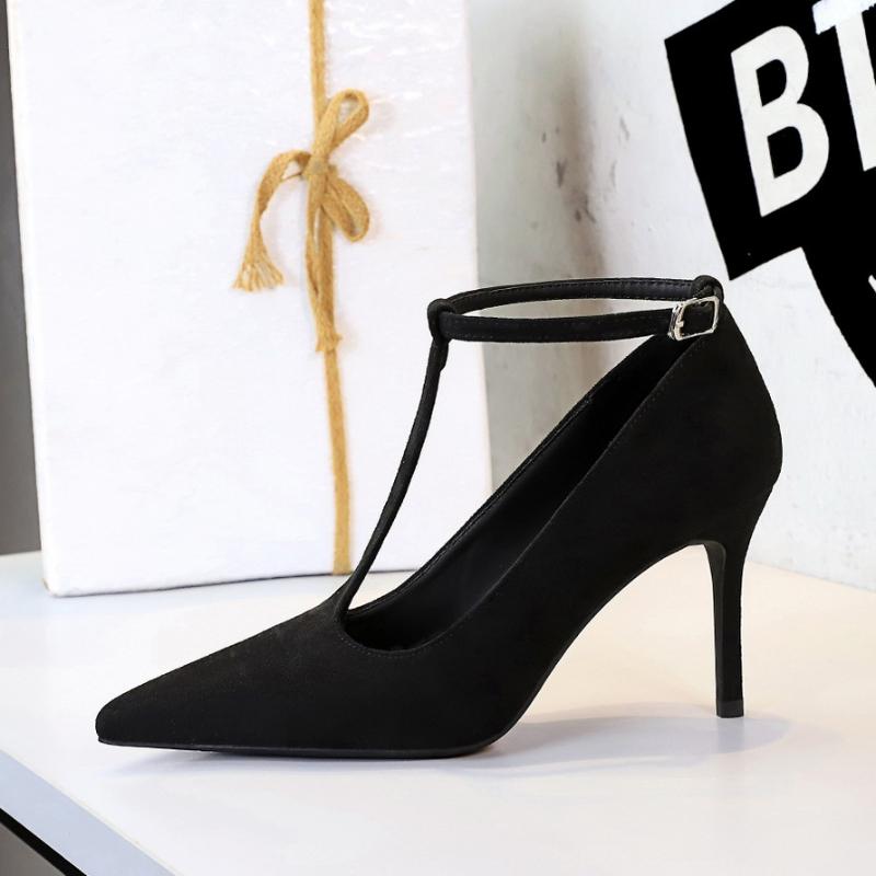 Мода Французский Темперамент Тонкие Каблуки Высокие Каблуки Острый Носок Неглубокий Вырез Замша Пряжка на Одной Линии Ультра Высокие Каблуки Стройнящие Одинарные Туфли