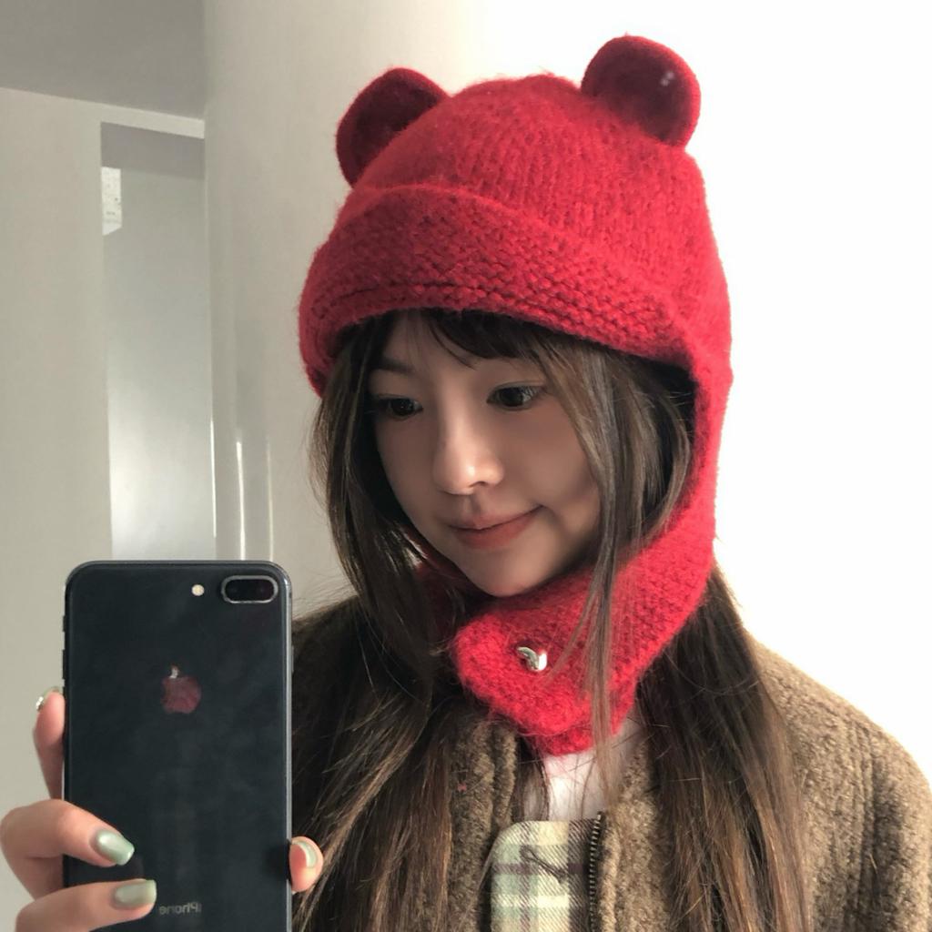 Bear wool hat female cute face small wool knitted hat warm ear protection Lei Feng hat wholesale