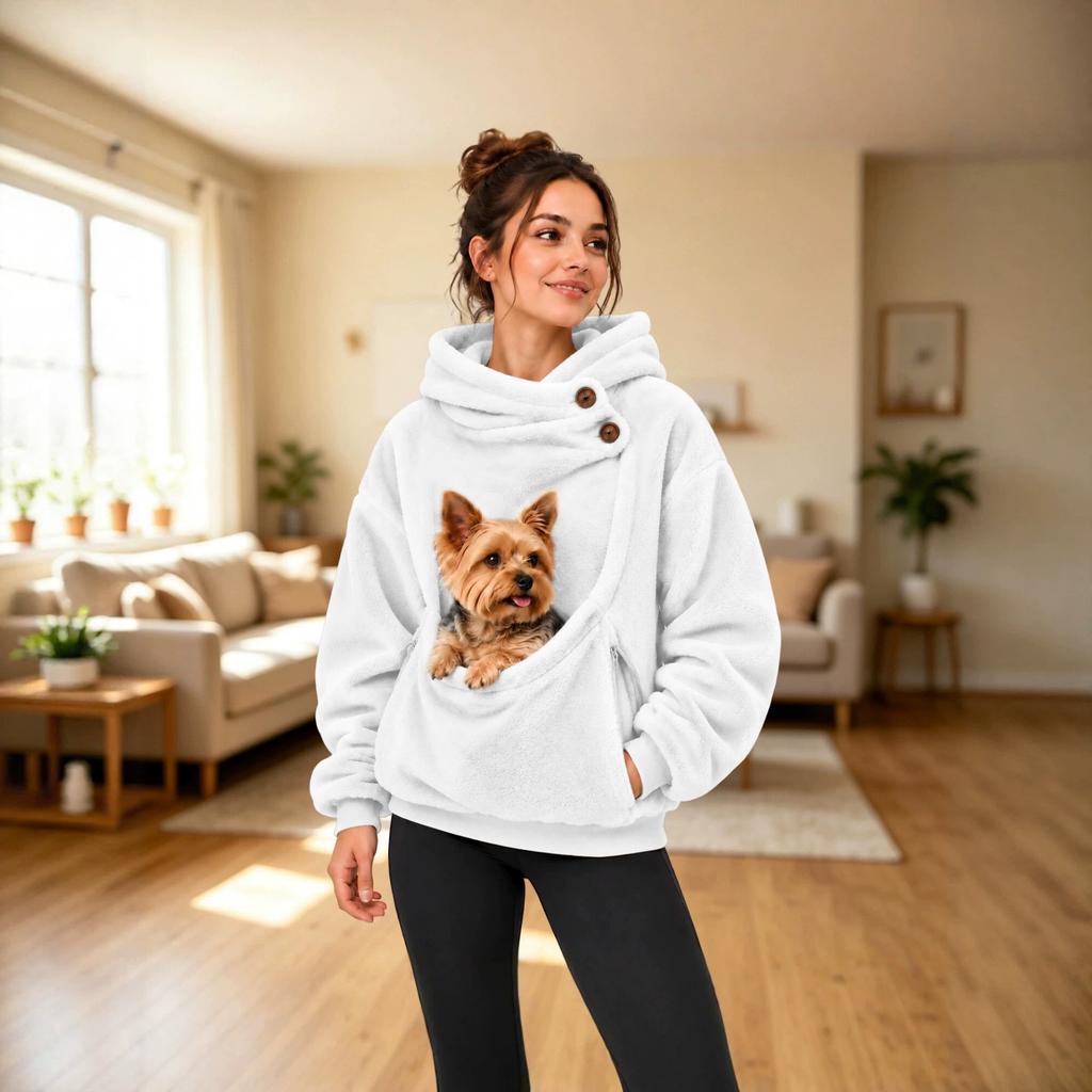 Autumn And Winter Fleece Hooded Sweater Women Loose Pullover Pet Pocket Plush Thermal Belt Dog Pocket Jacket Top