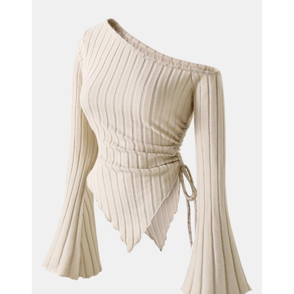 Fall Women's Off-shoulder Flare Sleeve Irregular Lace-up Knit Top