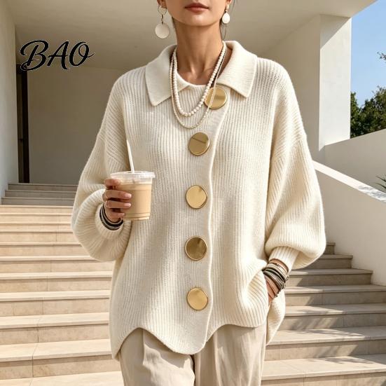 Spring Autumn Sweater Women Oversized Knit Cardigan Sweater, Collared Top with Large Metal Casual Buttons, Loose Lantern Sleeve for Soft Skin Friendly