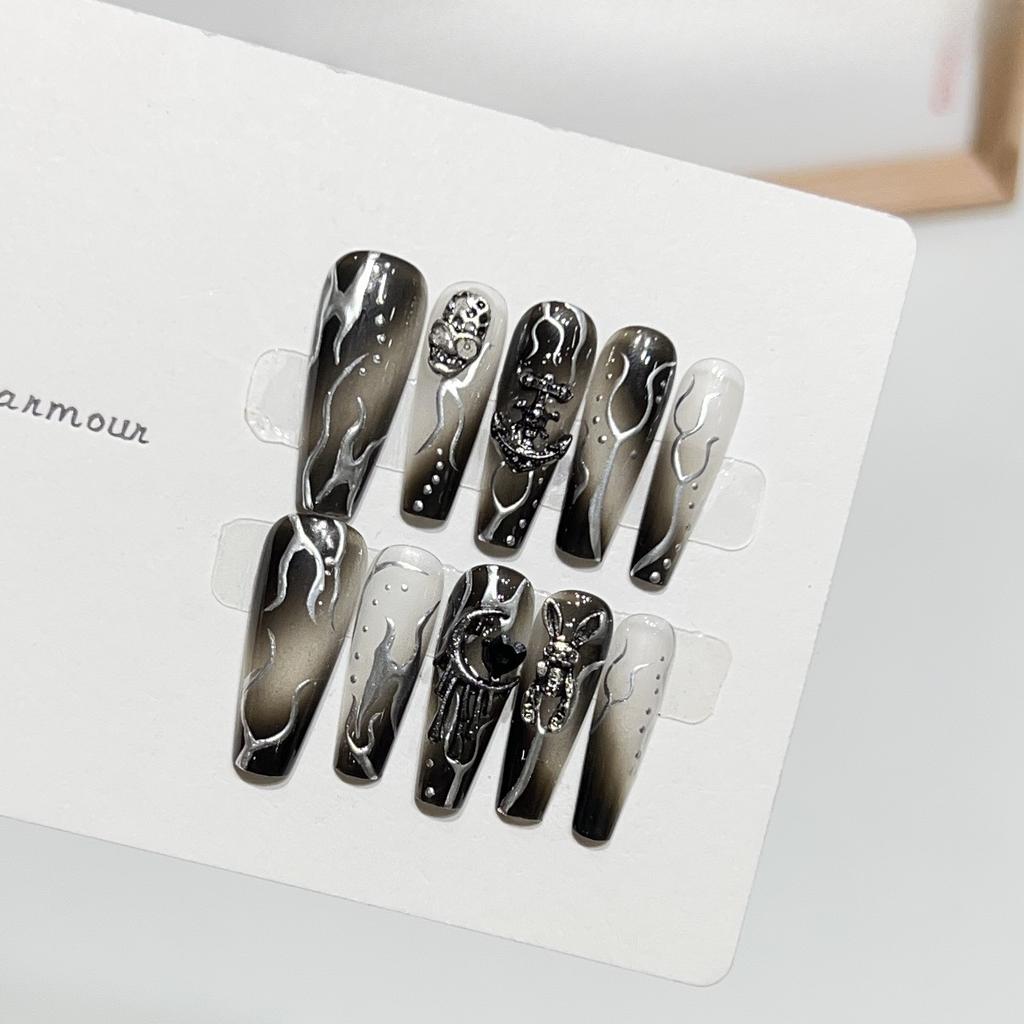 Pure Handmade Light Therapy Wear Armor Hand-painted Magic Mirror Flame Dark Story Rogue Rabbit Sweet Cool Manicure Finished Fake Nail