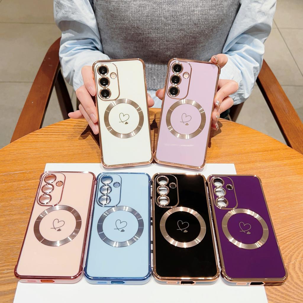 Роскошный гальванизированный чехол Magsafe love Heart для Samsung Galaxy S21 S23 S24 S25 Plus Ultra S21FE S23FE с магнитной беспроводной зарядкой и противоударным покрытием
