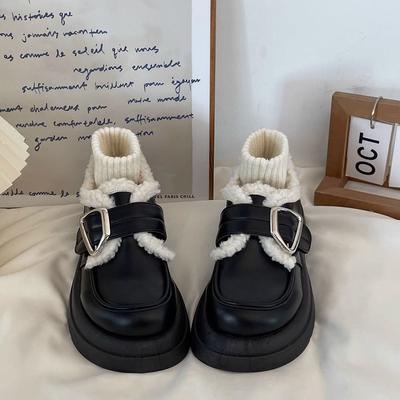 Платформа маффин бархатные маленькие кожаные туфли женские 2025 новая осень и зима теплые лоферы ретро британские хлопковые туфли инс