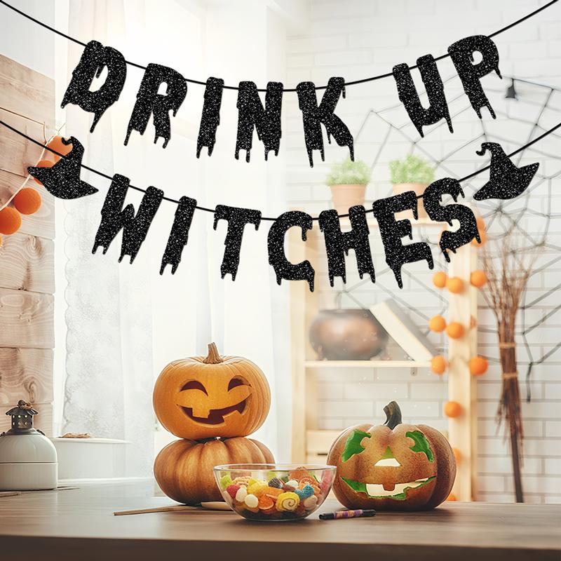YOMDID Drink Up Witches Banner Halloween Party Banner Glitter Letters With Spooky Black Hat Motifs For Halloween Decorations 5