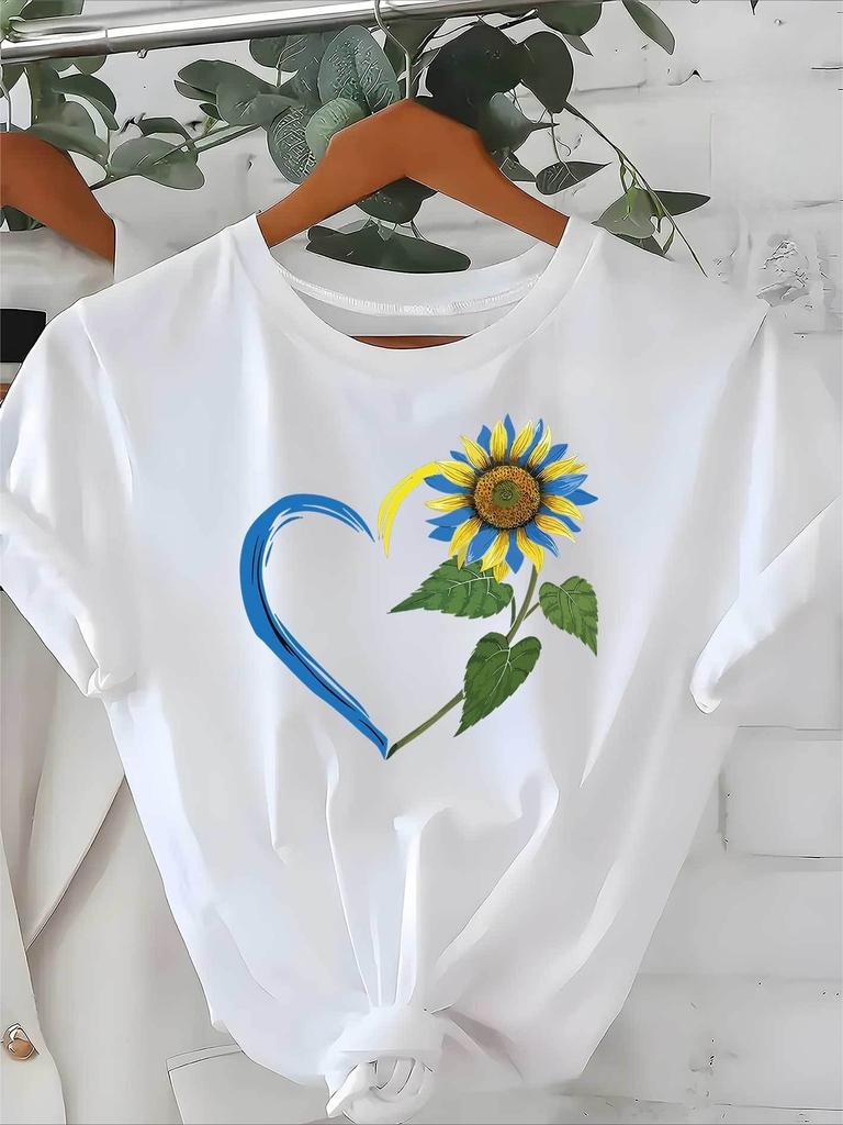 Women's Casual Short Sleeve T-Shirt Round Neck with Sunflower Heart Print for Summer Daily Floral Design Comfortable Ladies Top