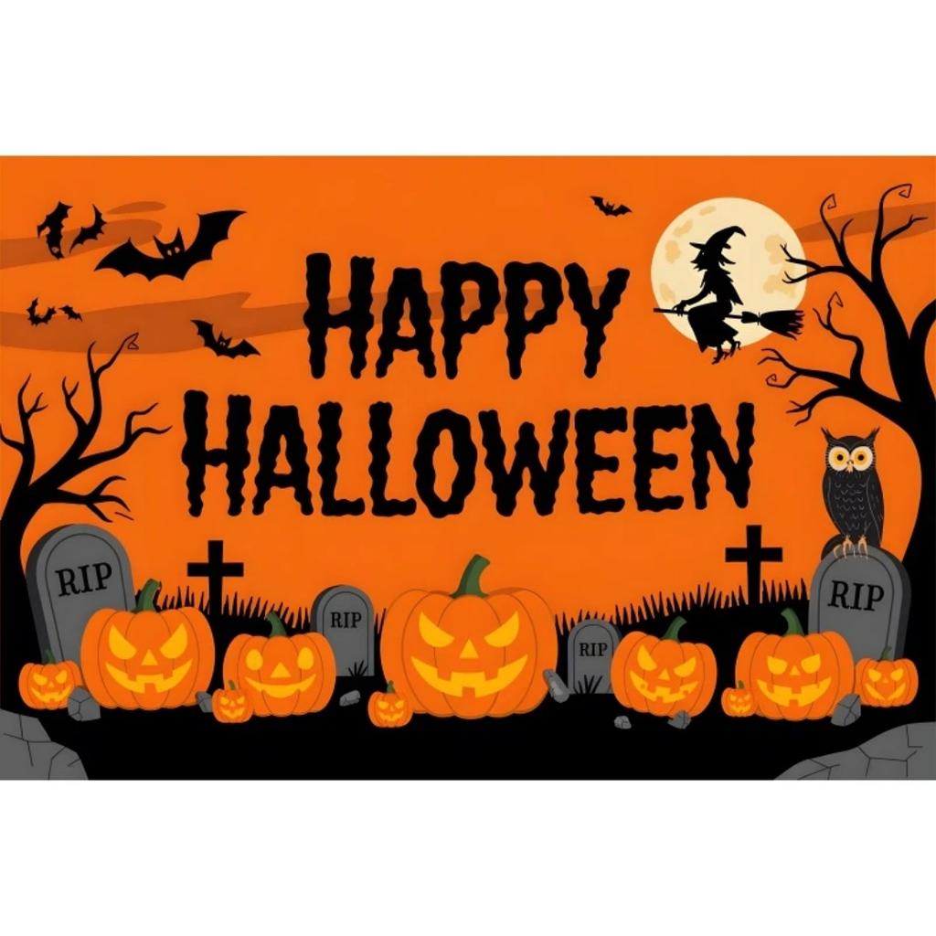 1 шт. Оранжевый фон для вечеринки «Счастливого Хэллоуина» с луной, тыквой, летучими мышами, ведьмой, пыленепроницаемый баннер для украшения вечеринки в стиле Хэллоуина