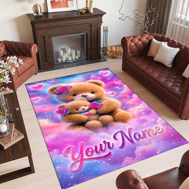 Teddy Bear Theme Crystal Velvet Rug Personalized Custom Name Text Soft Floor Mat Home Decor
