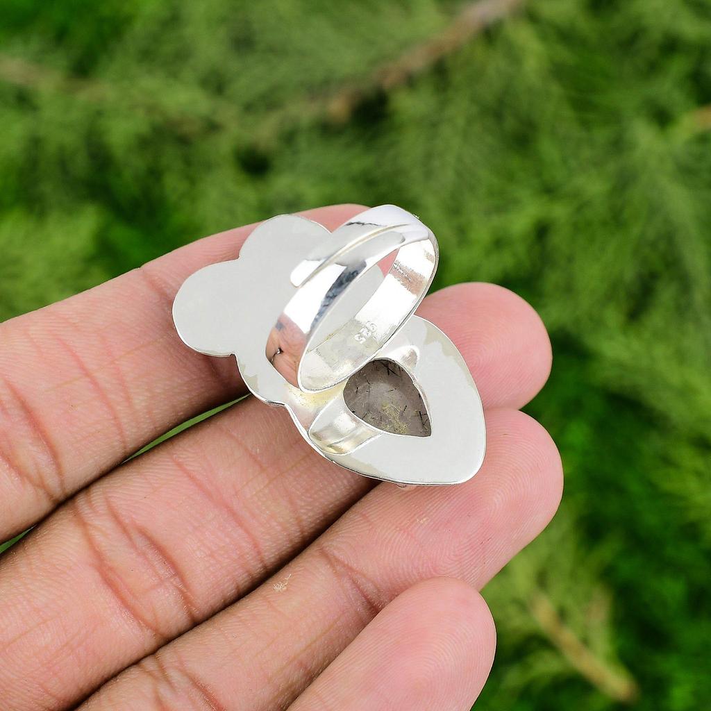 Кольцо-цветок Обещание из натурального черного рутилового кварца, штабелируемое, ювелирное изделие из серебра 925 пробы